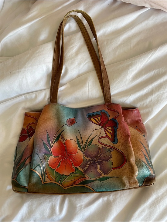Anuschka Handbags - Anuschka Hand-Painted Butterfly & hibiscus floral Leather Shoulder Bag